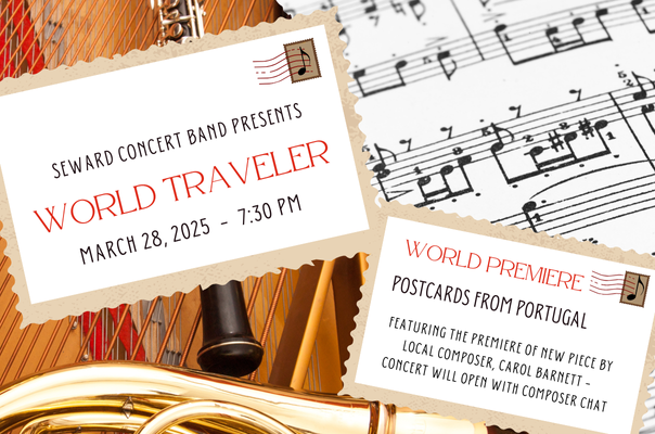 Image features musical instruments in the background. Foreground shows pictures showing details of the concert - World Traveler, March 28 at 7:30 PM